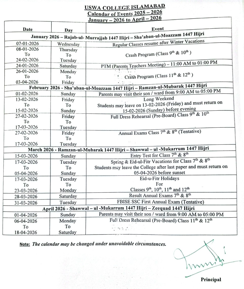 Uswa College Event Calendar 2026